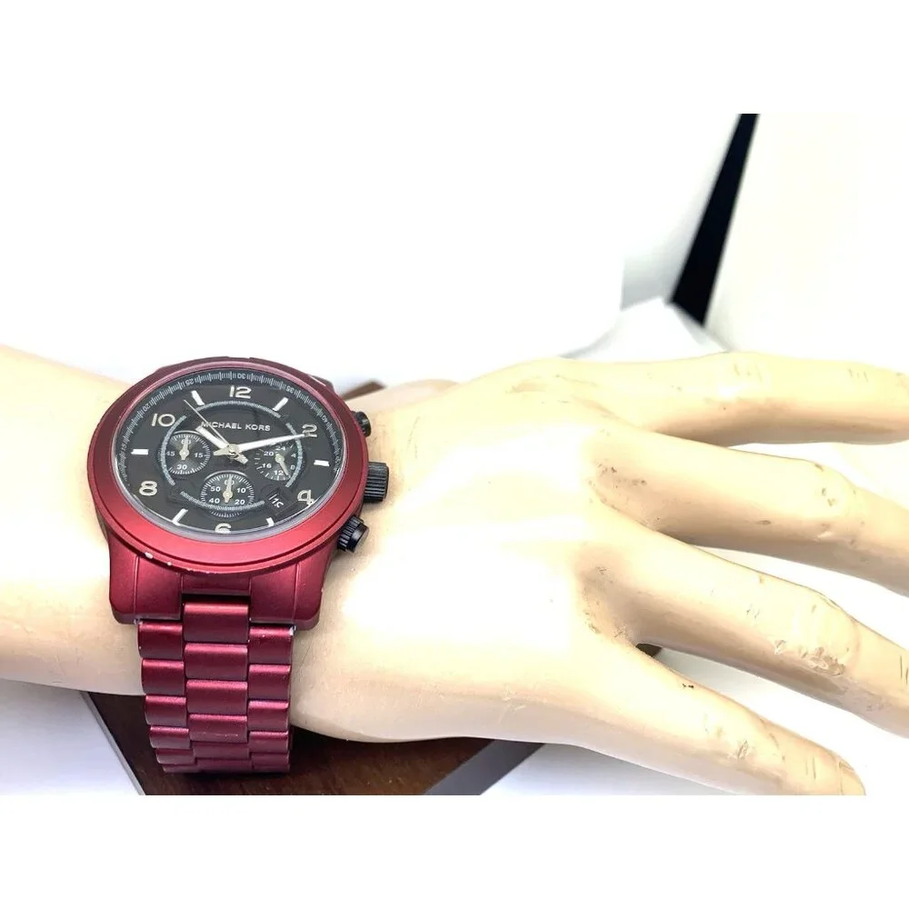 Michael Kors Mens Watch MK9148 Runway Quartz Black Dial Red Stainless Steel 45mm